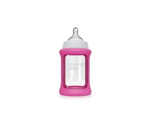 Cherub Baby Glass Single 240ml Bottle with Protective Colour Change Silicone Sleeve - Pink