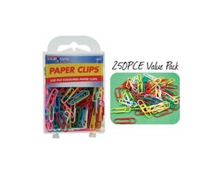 2 x Packs of 250pce Paper Clips - 28mm Multi Coloured In Hard Clip Box