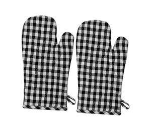 Gingham Check Kitchen Cooking Oven Gloves Set of 2 BLACK Pot Mitts New