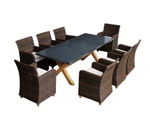 Blue Stone 8 Seater Granite Stone Top And Wicker Chairs Dining Garden Set - Outdoor Stone Dining Settings - Chestnut Brown/Latte cushion