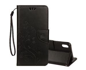 For iPhone XR Case Black Embossed Butterfly Pattern Folio Leather Case