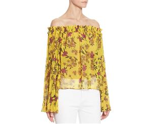 Scripted Pleated Off-The-Shoulder Floral-Print Blouse