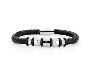 Stainless Steel 'Forte' Black Woven Gents Leather Bracelet