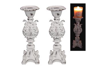 1pce 30cm White Wash Candle Holder Ornate Carved Look Design - White