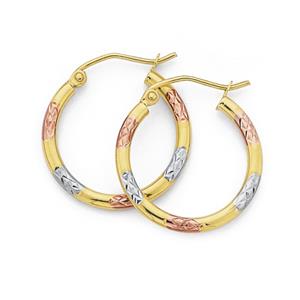 9ct Gold Tri Tone 15mm Hoop Earrings