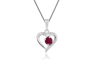 Classic Round Ruby & Diamond Heart Pendant in 9ct White Gold