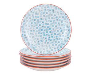 Nicola Spring Patterned Dinner Plates - Blue / Orange Print Design 26cm - Set of 6