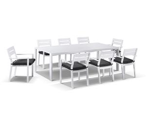 Capri 8 Seater Rectangle Aluminium Dining Table And Chairs Setting In White - Outdoor Aluminium Dining Settings - White Aluminium with Denim