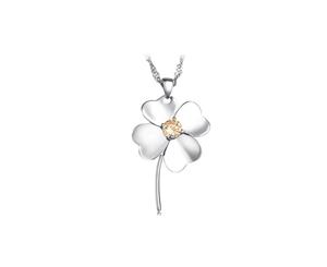 Four Leaf Clover With Stem Crystal Necklace - Silver Plated