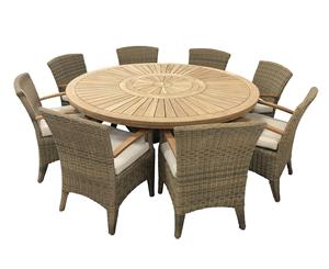 Solomon 1.8M Round Outdoor Teak Timber Table With Kai Wicker Chairs + Lazy Susan - Outdoor Teak Dining Settings