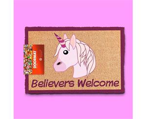 Believers Welcome Unicorn Emoji Door Mat