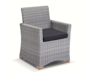 Coco Outdoor Wicker And Teak Dining Arm Chair - Outdoor Wicker Chairs - Brushed Grey and Denim cushion