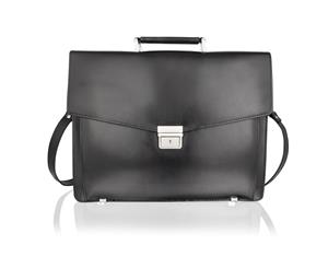 Lombard Black Satchel Briefcase Landscape Flap Over 15.0" With Central Zip Adjustable Shoulder Strap