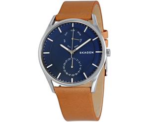 Skagen Men's 40Mm Brown Leather Band Steel Case Quartz Blue Dial Watch Skw6369