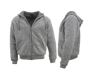 Men's Thick Winter Sherpa Fur Hoodie Zip Up Hooded Jumper Coat Jacket Sweater - Light Grey