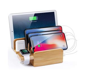 WIWU 6-in-1 Bamboo Charging Dock Station 40W/8A Power for Multiple Devices Cellphone/Smart Watch/Tablet