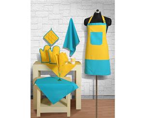 8 Pc Aqua Yellow Cotton Kitchen Linen Set