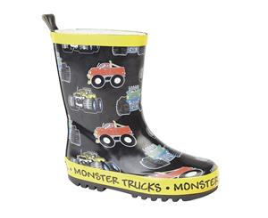 Stormwells Childrens/Kids Monster Trucks Wellington Boots (Black/Yellow Trim) - DF1540