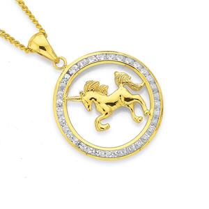 9ct Gold Cubic Zirconia Circle Unicorn Pendant