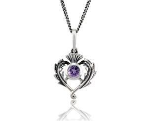 Art Nouveau Style Round Amethyst & Marcasite Thistle Pendant in 925 Sterling Silver