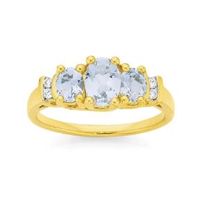 9ct Gold Aquamarine & Diamond Trilogy Ring