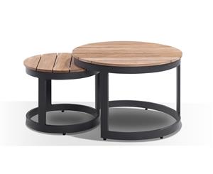 Round Industrial Aluminium Teak Top Coffee Table Set - Outdoor Aluminium Tables - Charcoal Aluminium Teak Top