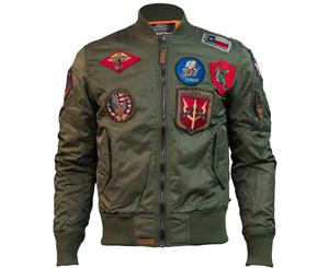 Top Gun MA 1 Nylon Bomber Jacket with Patches Olive - Green