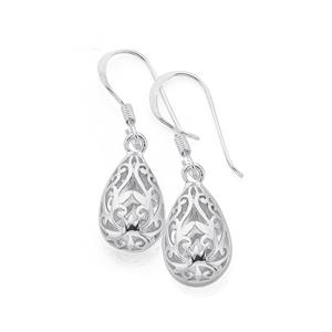 Silver Filigree Puff Teardrop Hook Earrings