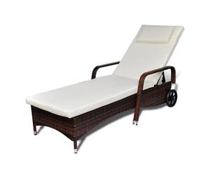 Sunlounger with Cushion 2 Wheels Poly Rattan Brown Outdoor Bed Recliner