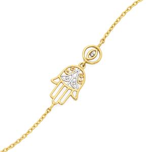 9ct Gold Two Tone 27cm Evil Eye & Hamsa Hand Anklet