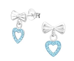 Sterling Silver Kids Aquamarine Bow Heart Stud earrrings made with Swarovski Crystal