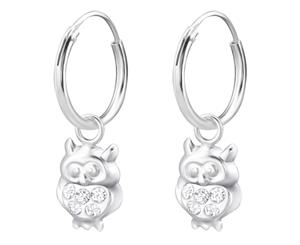 Children's Silver Hanging Owl Crystal Hoop Earrings