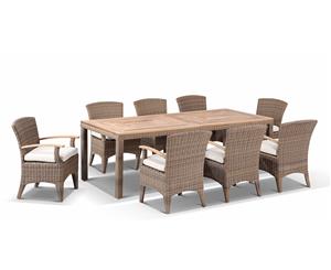 Sahara 8 Rectangle With Kai Chairs In Half Round Wicker - Outdoor Wicker Dining Settings - Brushed Wheat Cream cushions