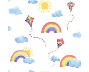 Over the Rainbow Rainbows and Flying Kites Wallpaper White/Multi (91020)