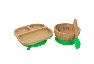 Tiny Dining Children's Bamboo Tableware Feeding Set - Plate Bowl Spoon with Stay Put Suction - Green