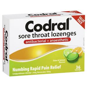 Codral Sore Throat Lozenges Antibacterial + Anaesthetic Lime & Lemon 36 Packn 36 Lozenges