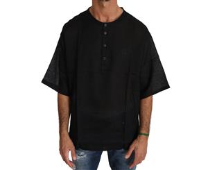 Dolce & Gabbana Black Linen Henley Crown Top T-Shirt