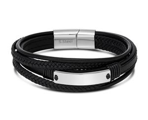 Stainless Steel and Leather Gents Magnetic Black Leather Bracelet with I.D. Plate