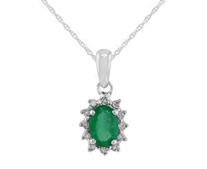 Classic Oval Emerald & Diamond Cluster Pendant in 9ct White Gold